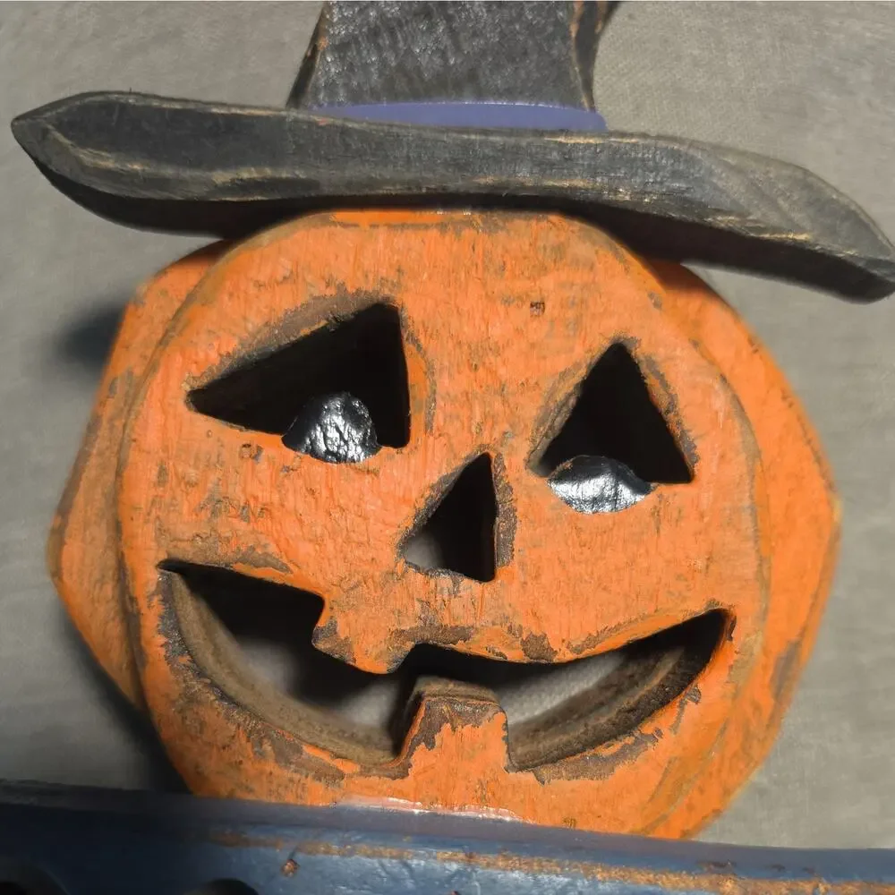 Vtg Wooden Halloween Whitchy Jack-o Lantern Wall Hanging Spooky Hollow 13”